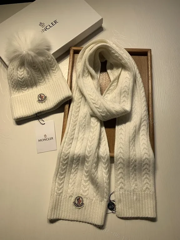 View 3 of Lux Knit Set: Cable Texture Beanie & Scarf, Ivory Moncler Style