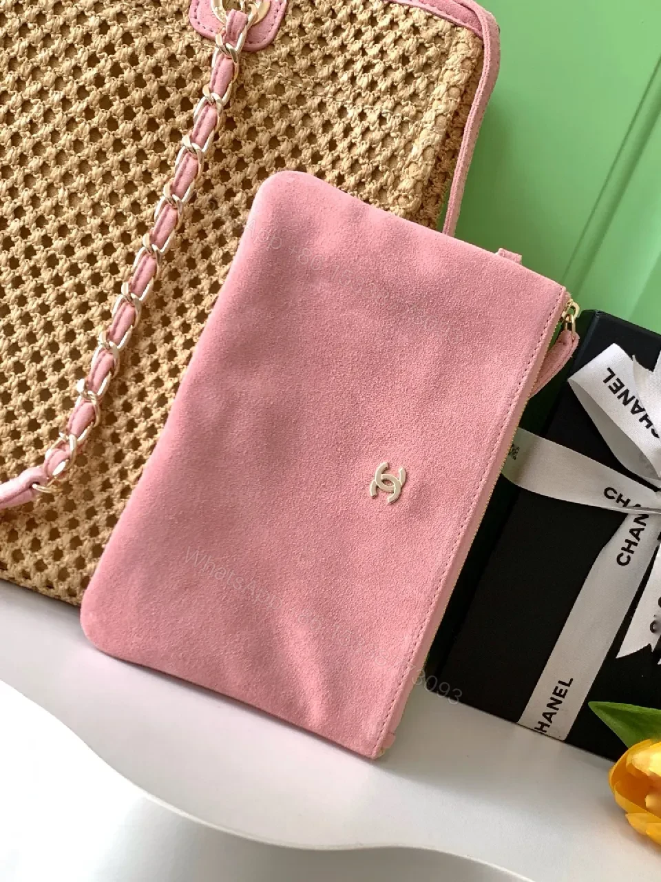 View 3 of Pink Straw Tote with Leather Trim, Structured Chanel-Inspired, High-End Carryall