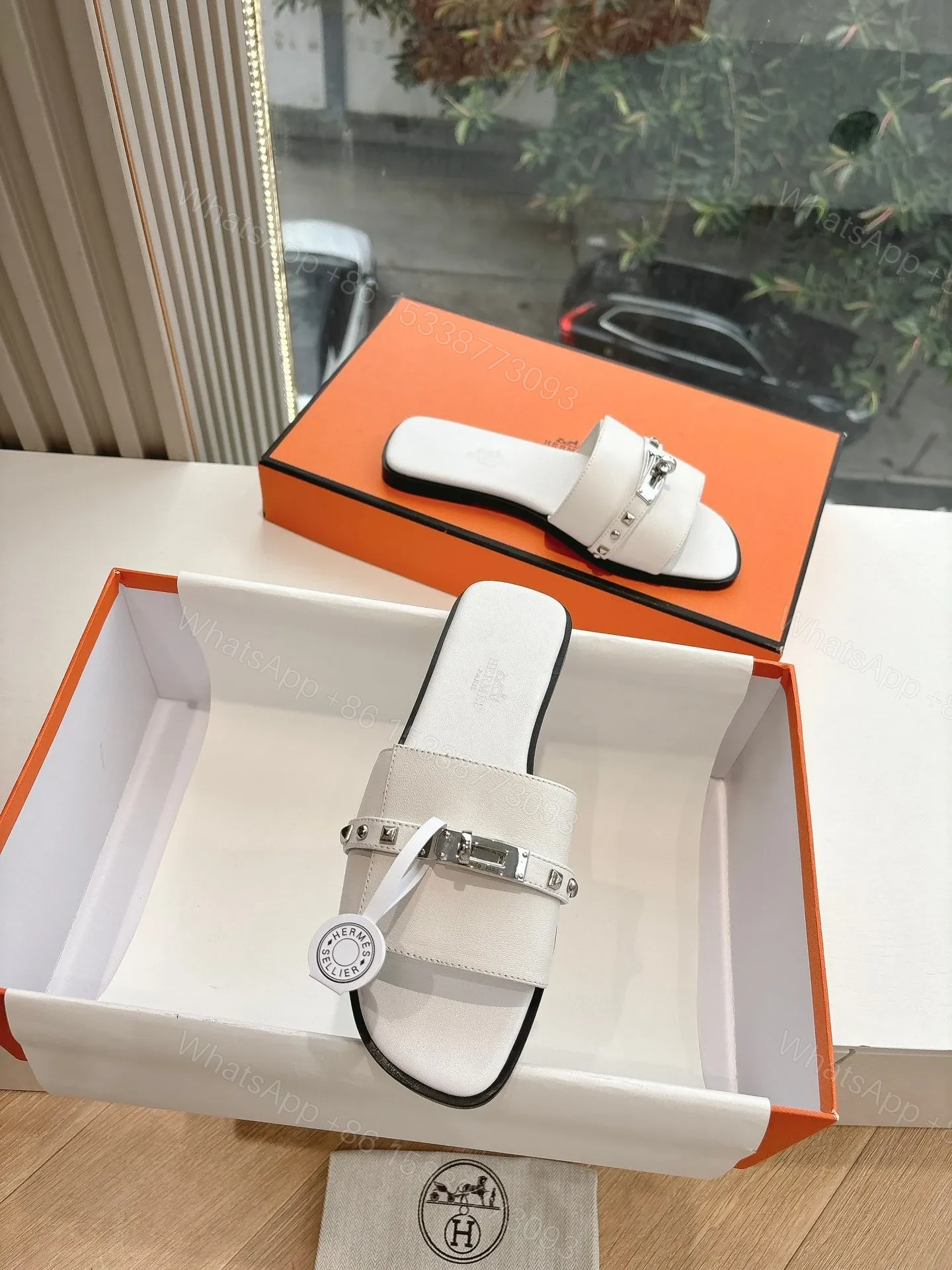 View 4 of Hermes Women White Leather Slide Sandals
