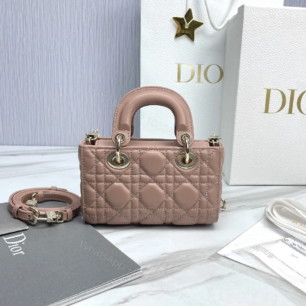 View 2 of Soft Pink Quilted Mini Crossbody with Gold Charms - Compact Luxury Bag
