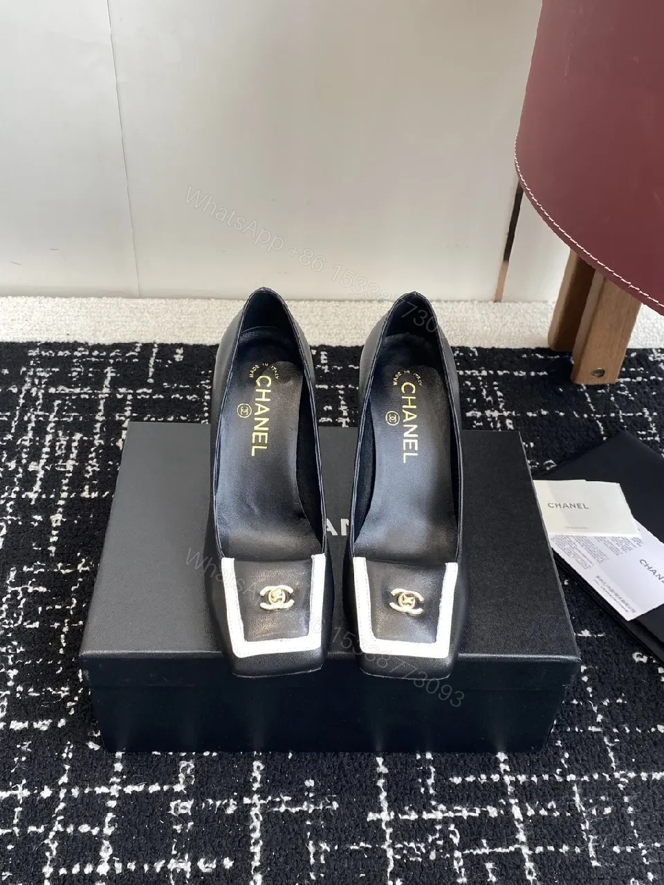 View 8 of Chic Black Leather Heels with White Trim Detail Pumps