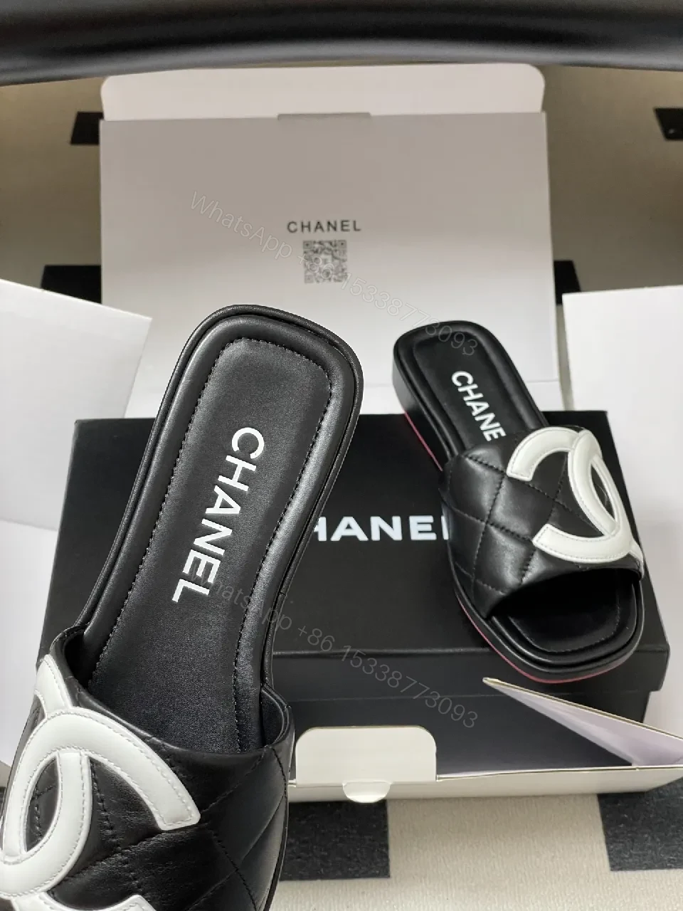 View 6 of Quilted Black Slides with Bold Logo Straps - Luxury Casual