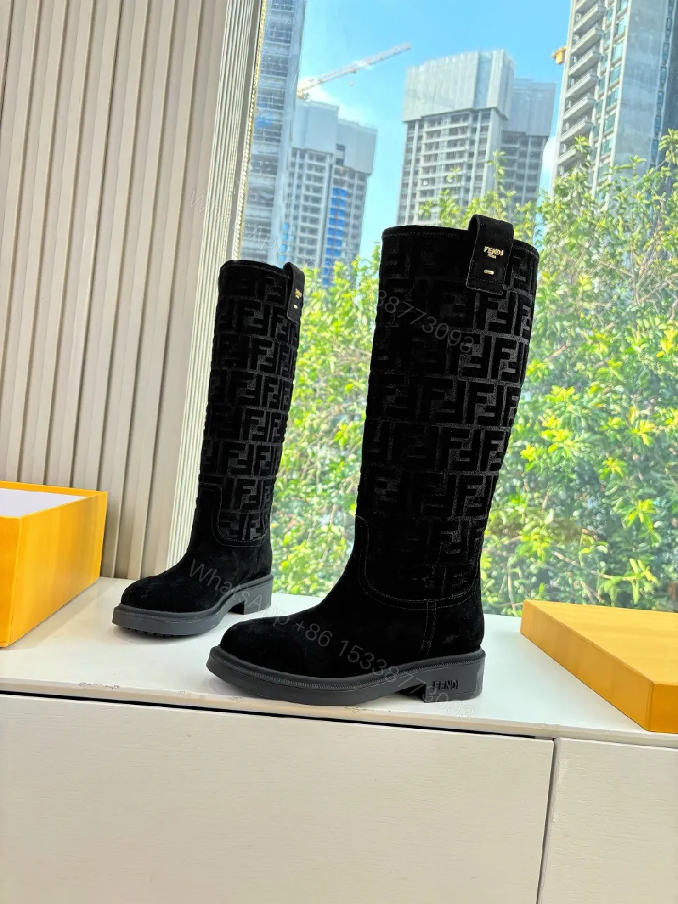 Black Suede-Like Knee Boots with Signature Pattern Calf-Height Glam — view 1