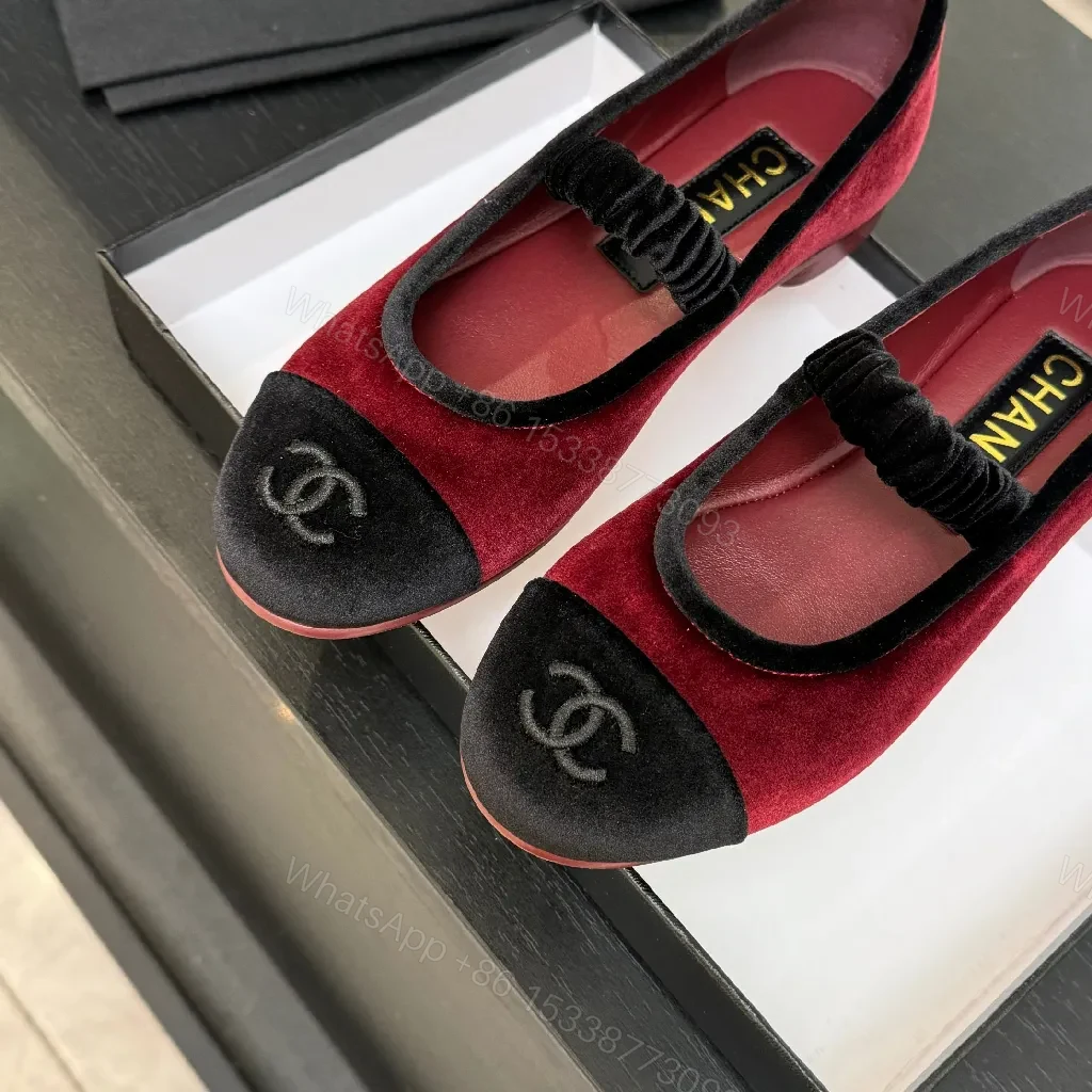 View 4 of Red Velvet Ballet Flats with Black Cap Toe, Velvet Detail, Signature Embellishment