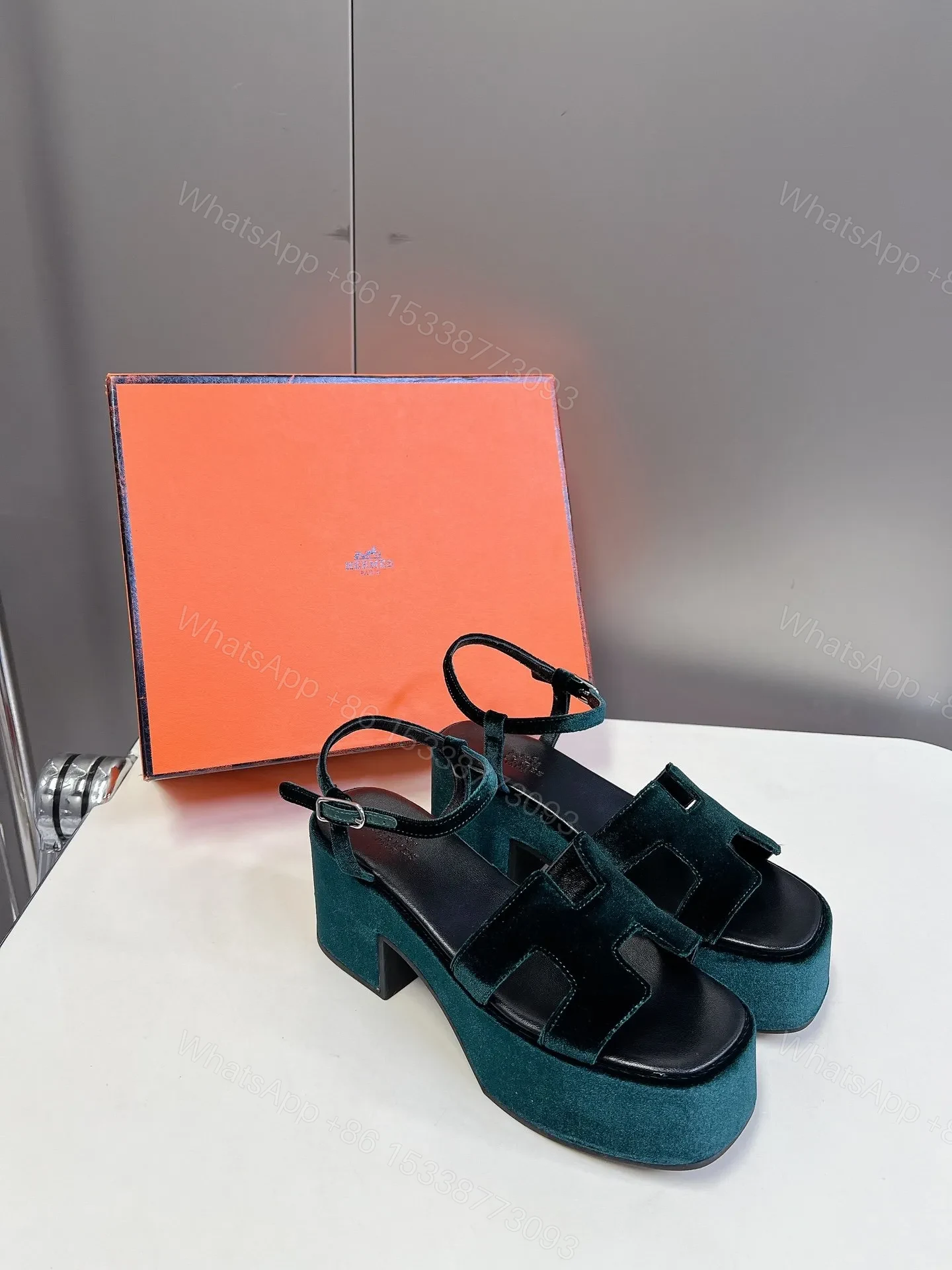 View 3 of Hermes Women Dark Green Velvet Sandals