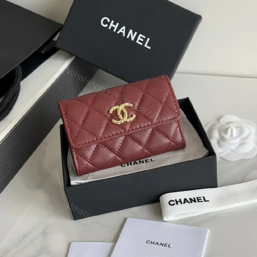 View 10 of Burgundy Quilted Leather Wallet — Gold Logo, Compact Bifold