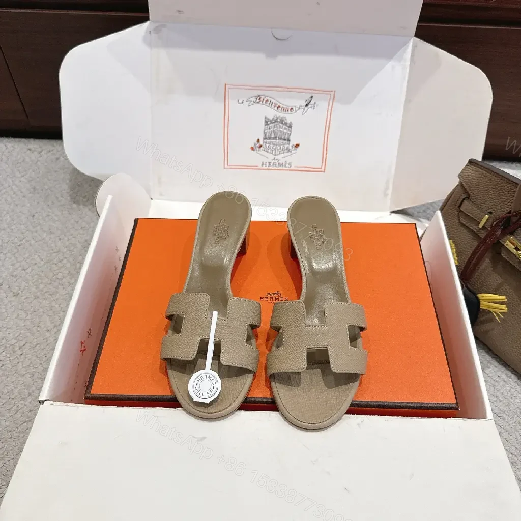 View 4 of Beige Leather Hermes H-Style Slide Sandals