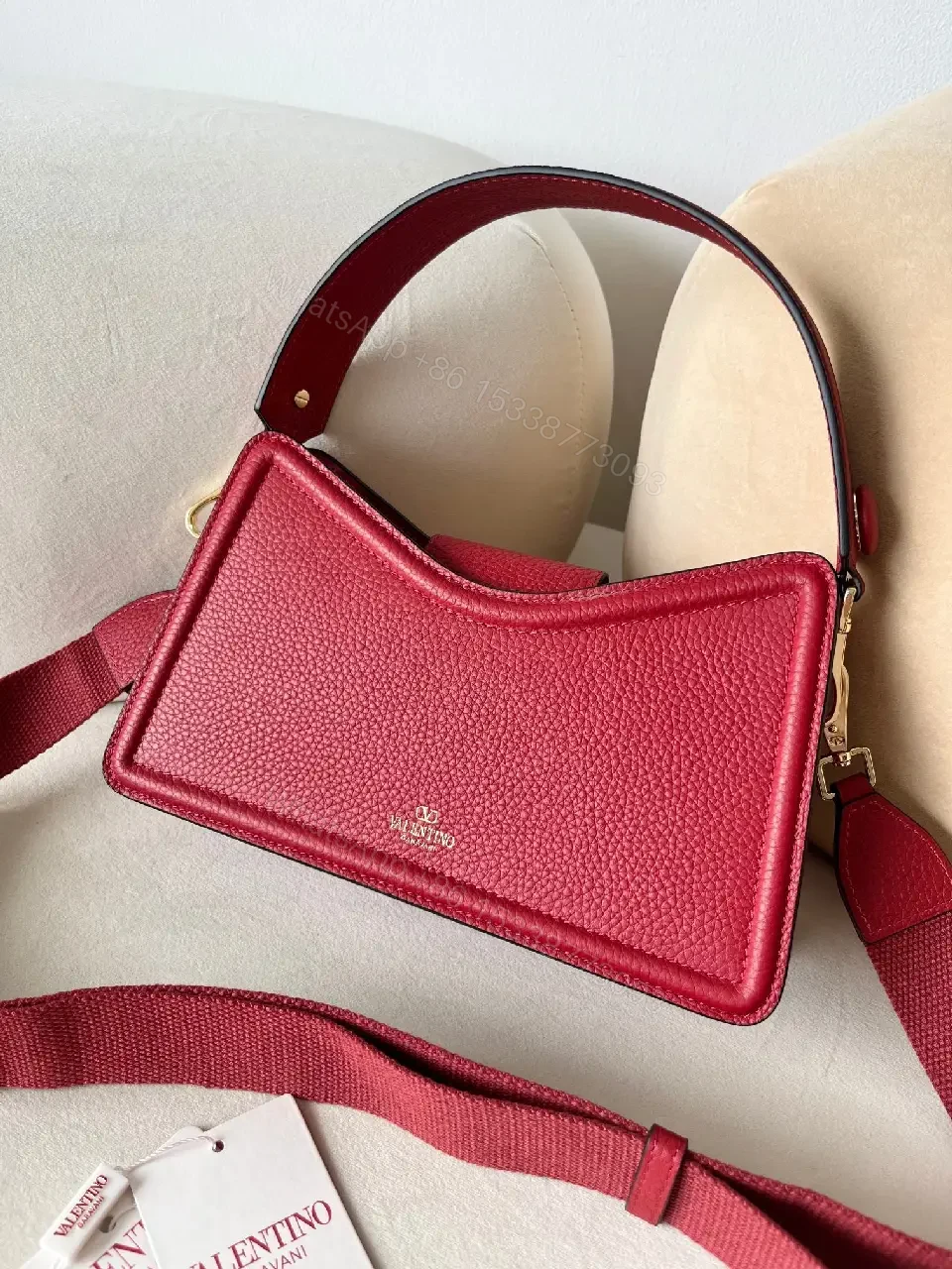 View 9 of Vibrant Red Pebbled Leather Box Bag with Gold Hardware