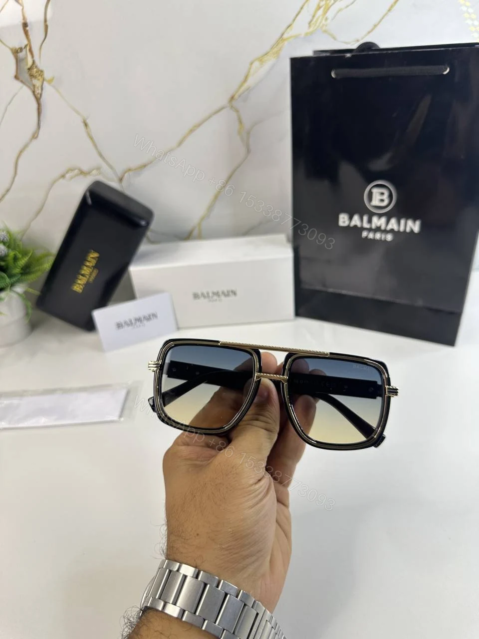 View 4 of First Copy Balmain Square Black Frame Sunglasses Grey Gradient Unisex UV Protection