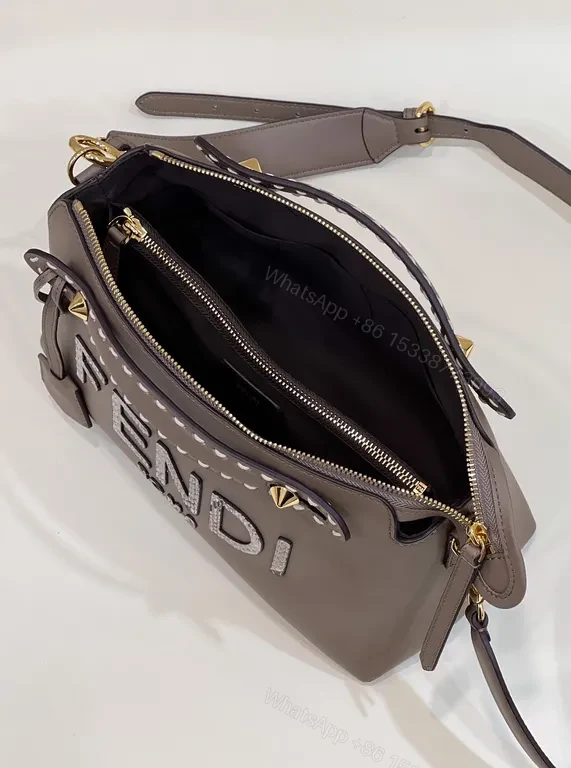 View 6 of Taupe Leather Fendi-Style Structured Handbag with Logo Detailing