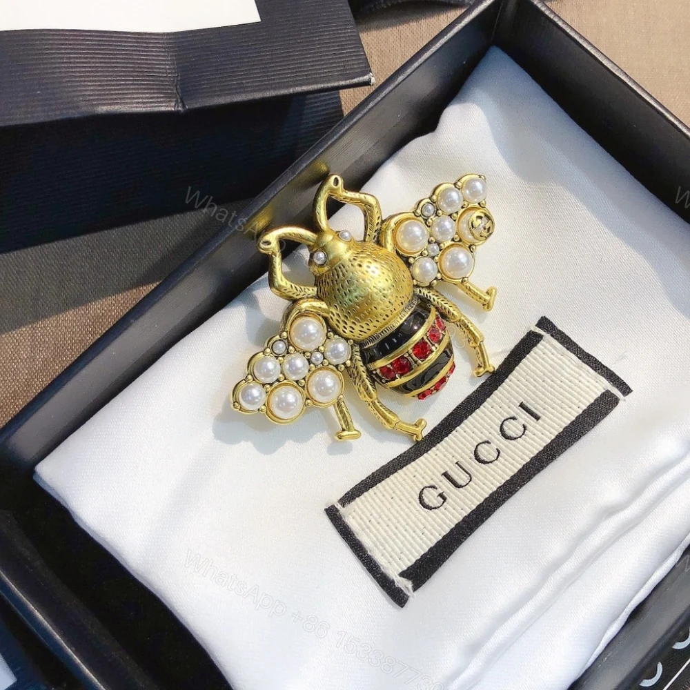 View 3 of Gucci GG Black And Red Bee Brooch Gold With Pearl
