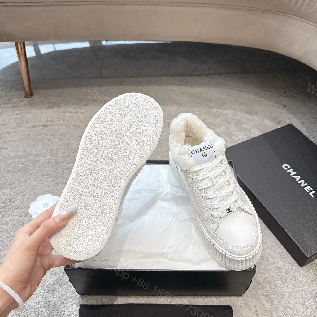 View 5 of White Leather Platform Sneakers with Plush Shearling