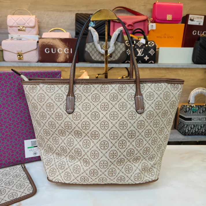 View 8 of First Copy Tory Burch T Monogram Large Zip Tote Bag Biege
