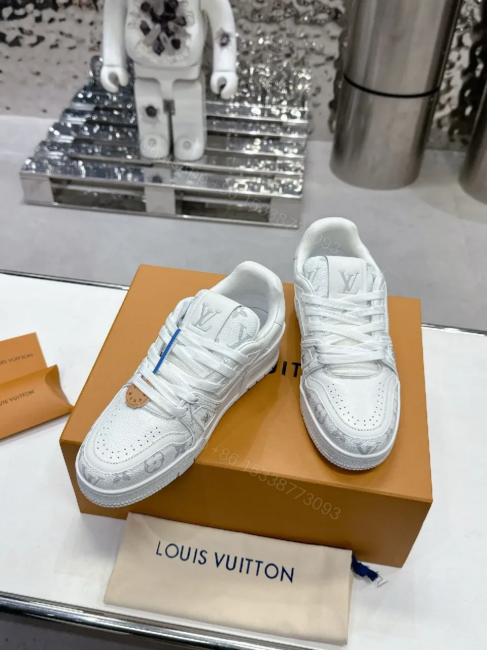 View 8 of Patterned White Leather Luxury Sneakers with Monogram Details