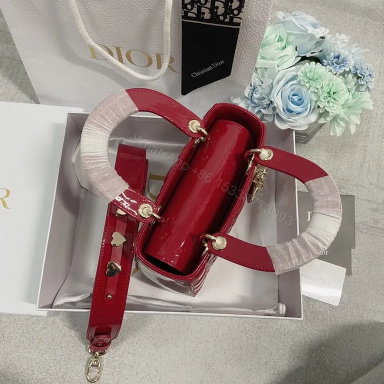 View 6 of Glossy Red Dior-Style Structured Handbag with Gold Hardware
