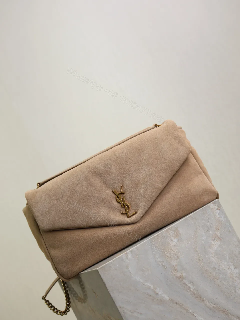 View 4 of Taupe Suede Clutch – Gold Hardware, Envelope Style, Everyday Luxe