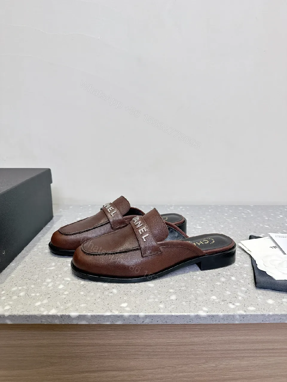 View 5 of Brown Leather Mules + CHANEL Strap + Minimalist Couture + Memory-Foam Comfort + Mules