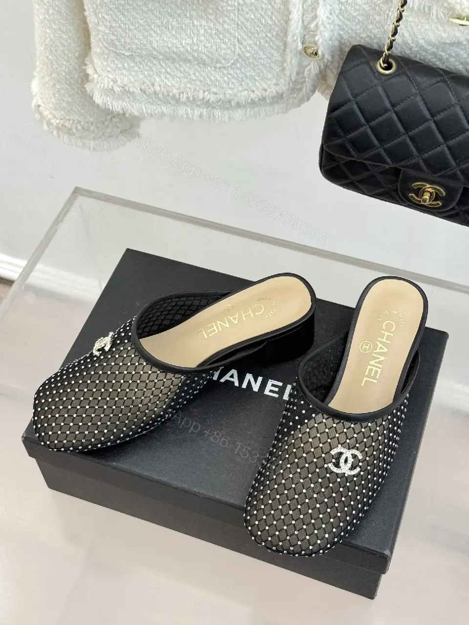 View 5 of Black Mesh Studded Mules Chanel Style Slippers