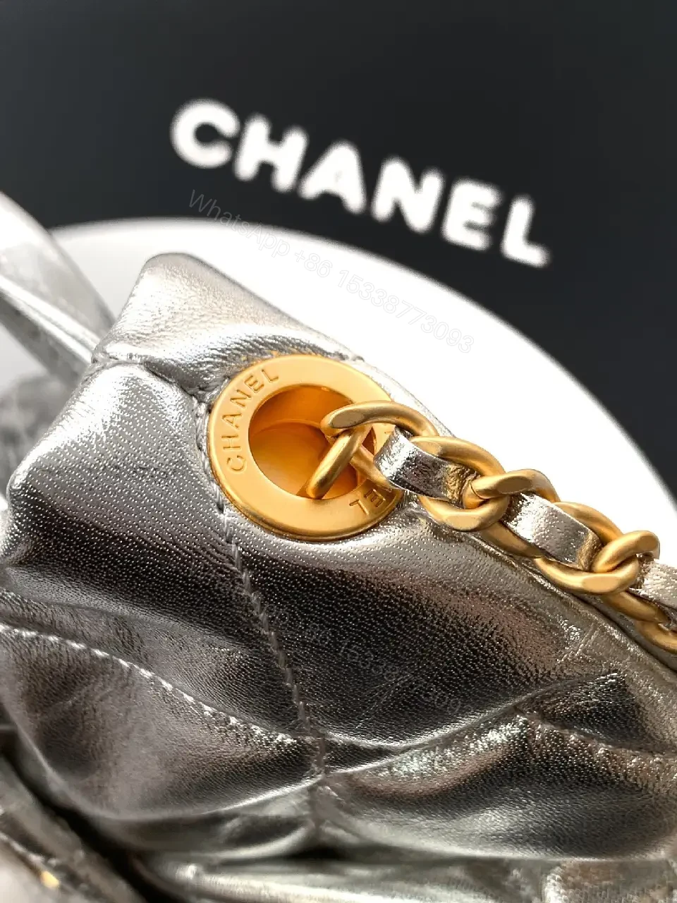 View 7 of Metallic Quilted Handbag with Gold Hardware Statement Bag