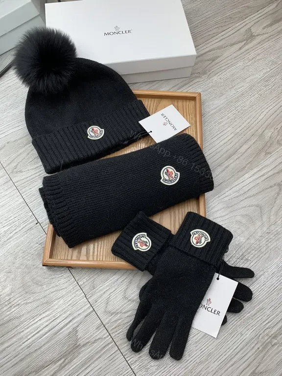 View 7 of Moncler Black Knit Winter Accessories Set: Beanie, Scarf, Gloves