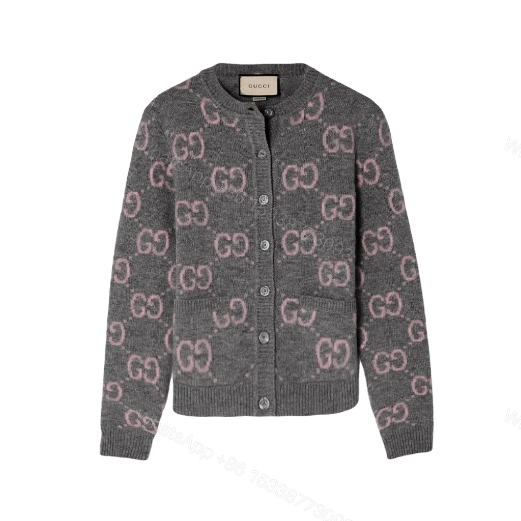 Gucci Gg Monogram Knit Cardigan In Grey With Pink — view 1