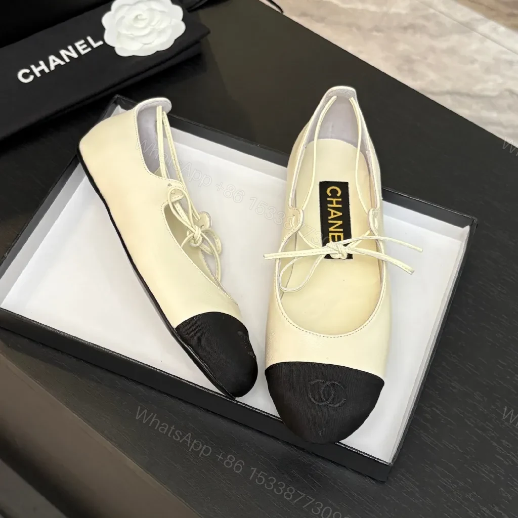 View 4 of Ivory Leather Ballet Flats with Black Cap Toe, Lace-Up, Elegant