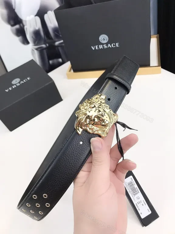 View 8 of Black Leather Belt with Gold Medusa Buckle - Versace Luxury Accessory