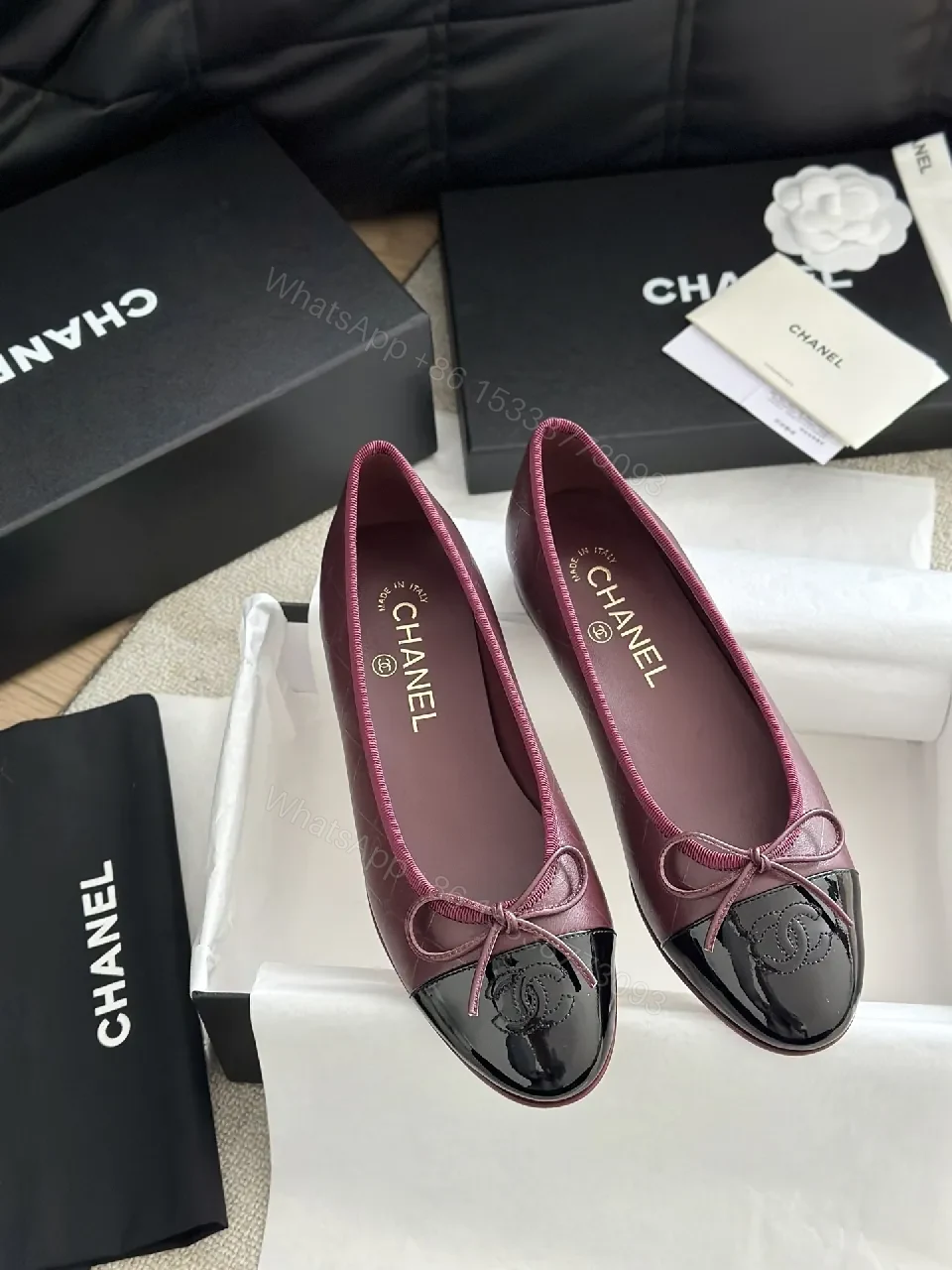 View 5 of Burgundy Satin Ballet Flats with Patent Cap Toe