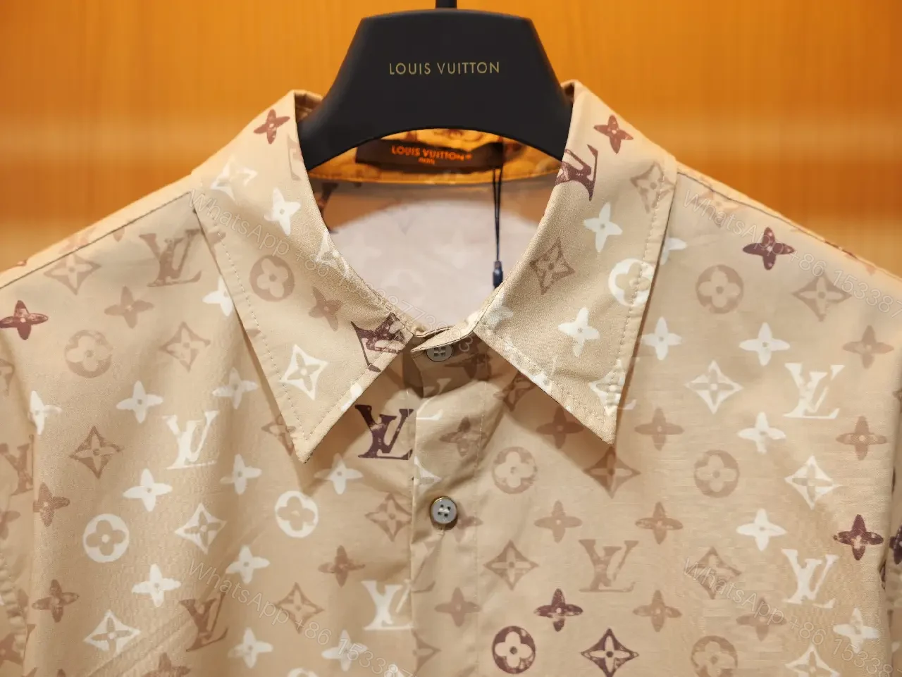View 6 of Light Beige LV Monogram Short-Sleeve Shirt with Button Placket