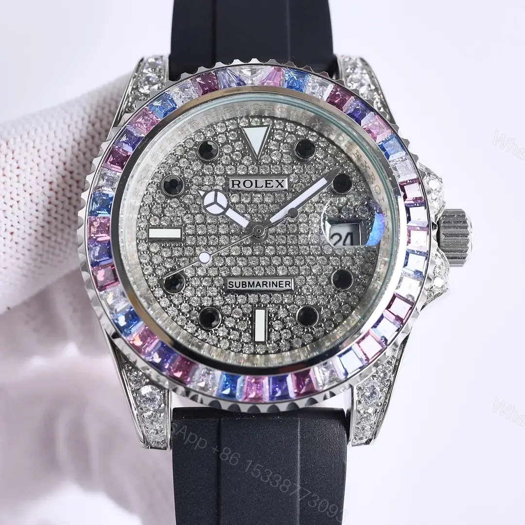 Best Rolex Submariner rainbow replica 40MM Pavé Dial Black Rubber Strap Edition RG-SUB-RAINBOW-PAVE-RUBBER-40 — view 1