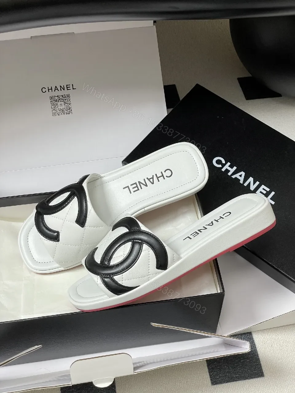 View 9 of White Quilted Leather Slide with Interlocking Logo, Premium Comfort