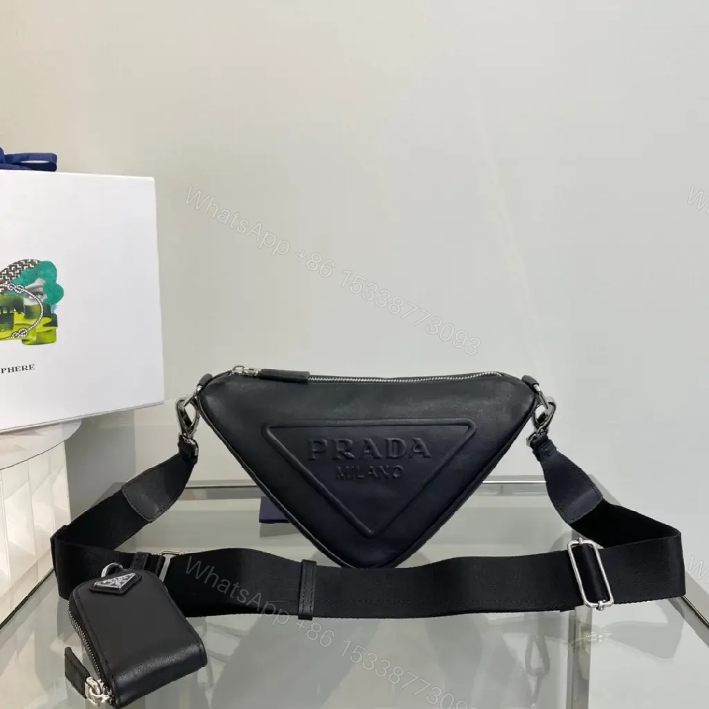 View 9 of Triangular Black Leather Belt Bag — Modern Minimalist Luxury Perforated Edge