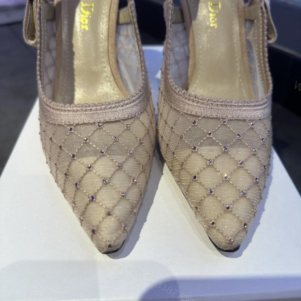 View 3 of 高仿Dior*JAdior系列KCV040尖頭露跟高踭鞋網面6.5CM粉色免檢版