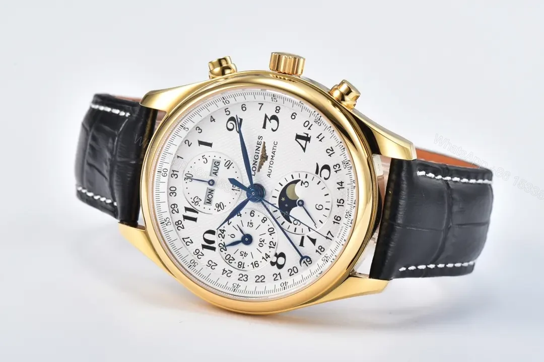 View 5 of Longines Master Collection Moon Phase Chronograph Watch Gold Case Black Leather Strap White Dial