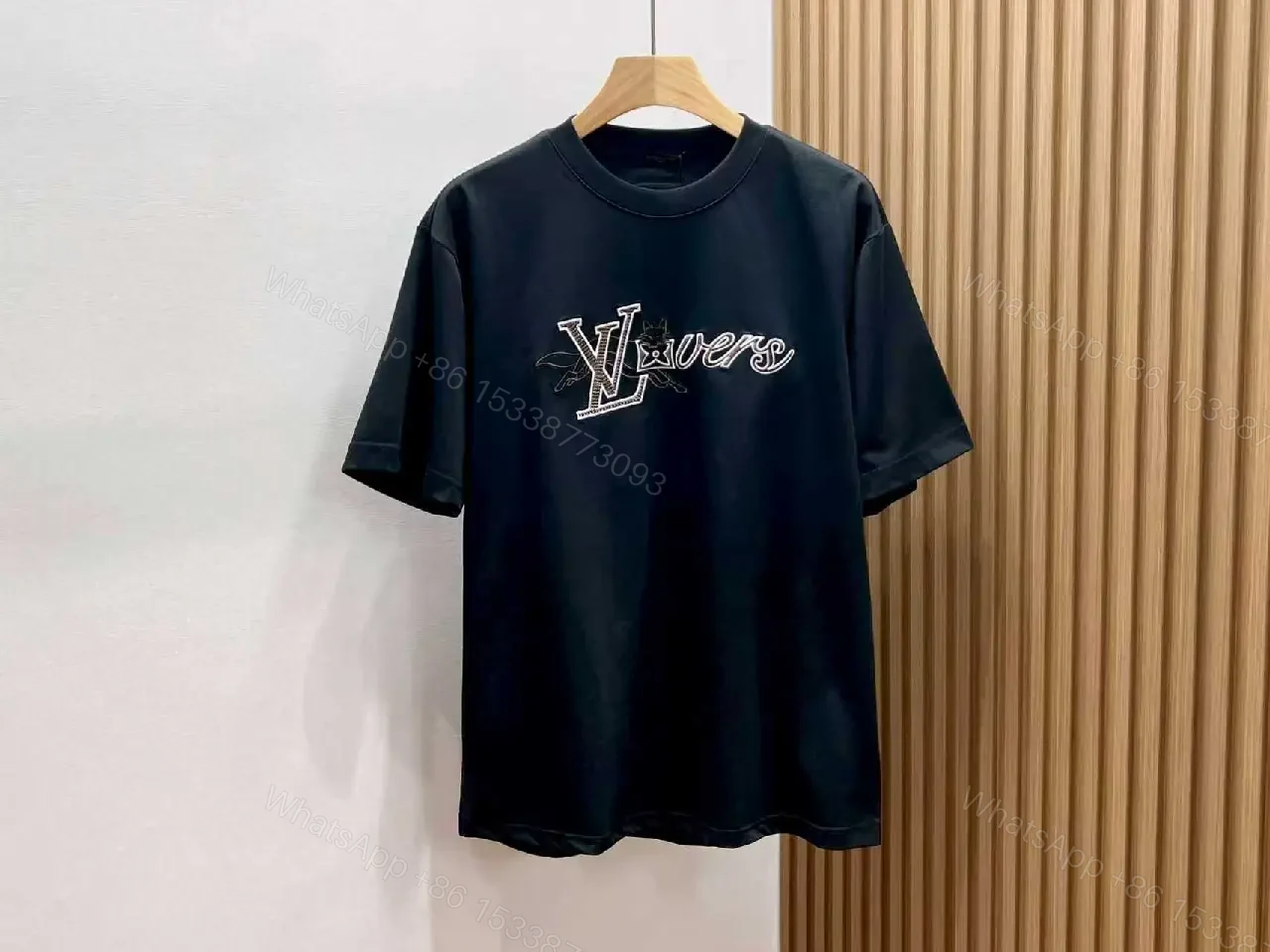 View 8 of White Cotton Crewneck Tee with LV-Inspired Embroidery, Casual Luxe Tee