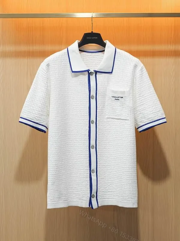 White Polo Shirt Dress Knit with Blue Trim Subtle Louis Vuitton Label — view 1