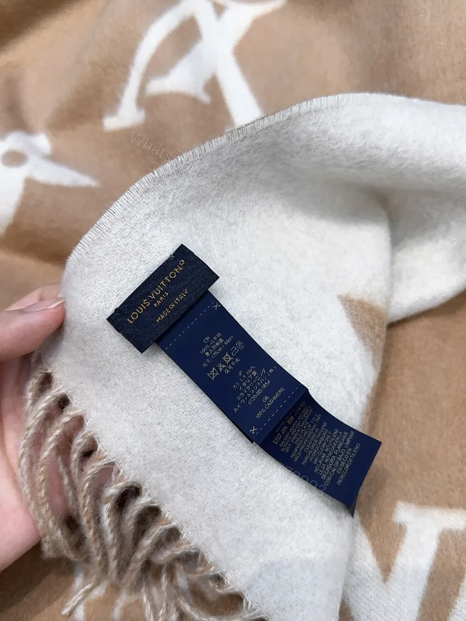 View 7 of Taupe Monogram Scarf: Soft, Luxurious, Fringed Wrap