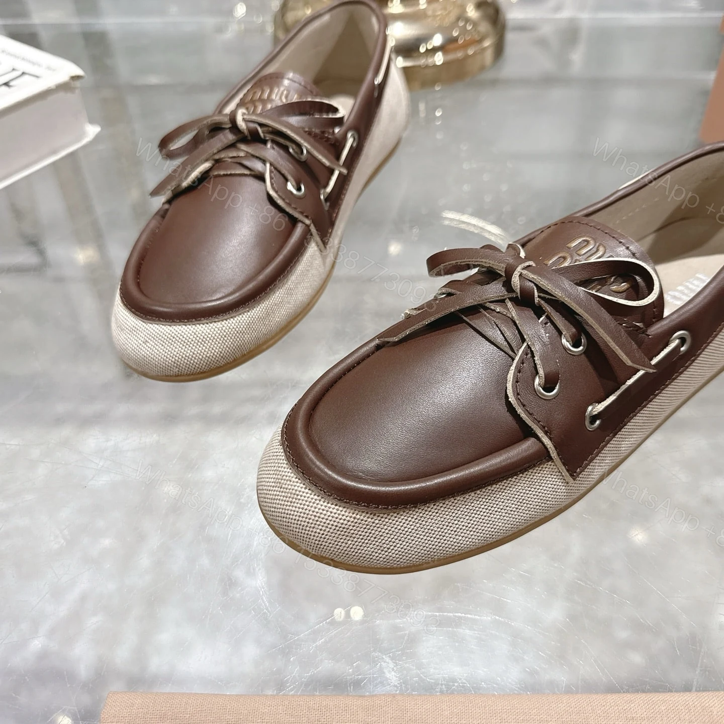 View 7 of MIUMIU CANVAS AND BLEACHED LEATHER BOAT SHOES BEIGE