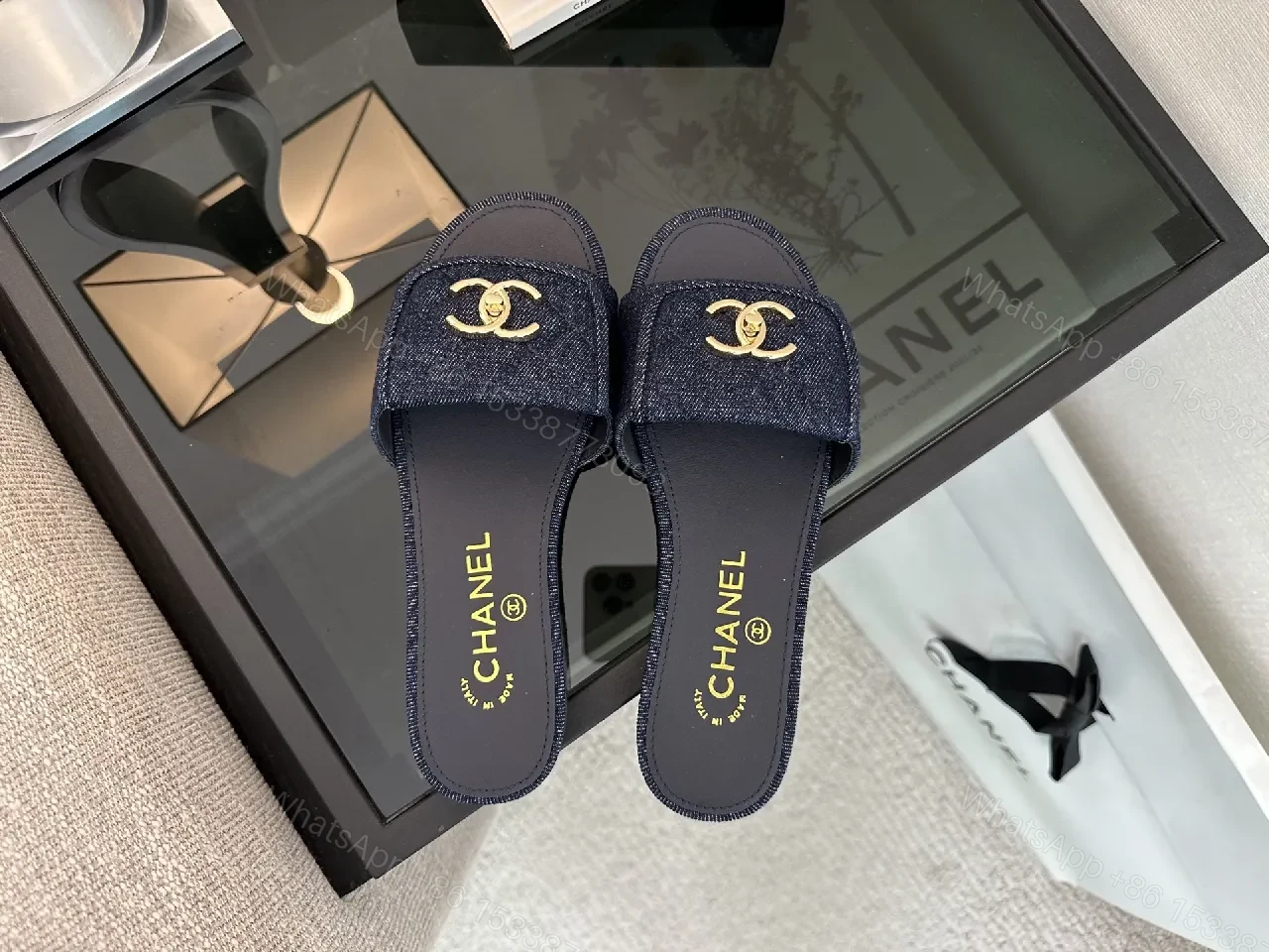 View 2 of Denim-Trim Slide Sandals: Luxe Comfort, Gold CC Detail