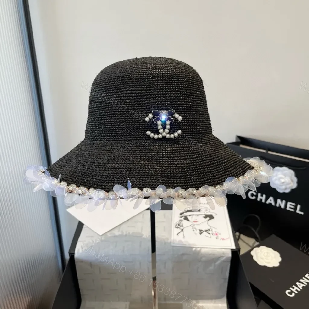Black Straw Hat with Pearl Logo and Crystal Trim — view 1