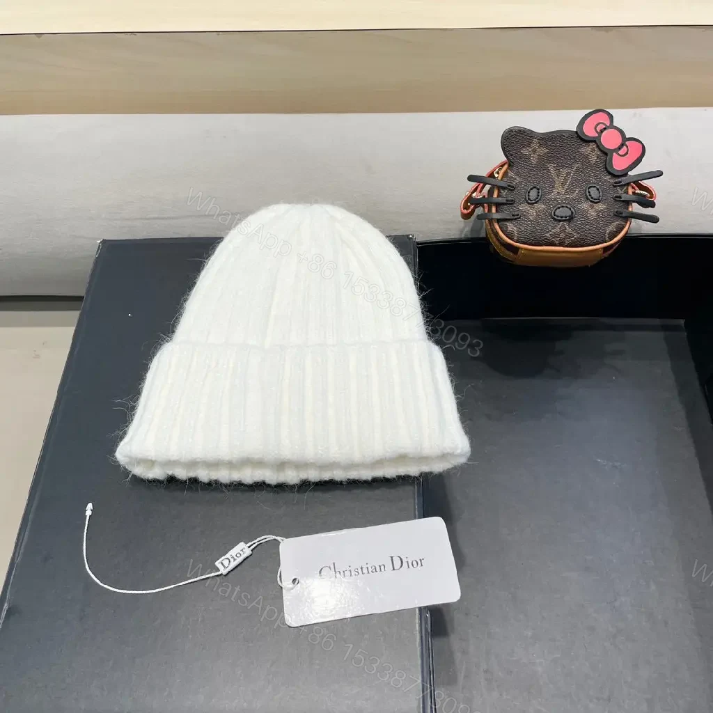View 6 of White Knit Beanie with Dior Embellishment: Cozy Luxury