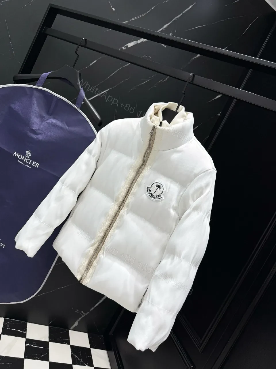 View 2 of White Puffer Jacket with Iconic Emblem, Luxury Everyday Outerwear