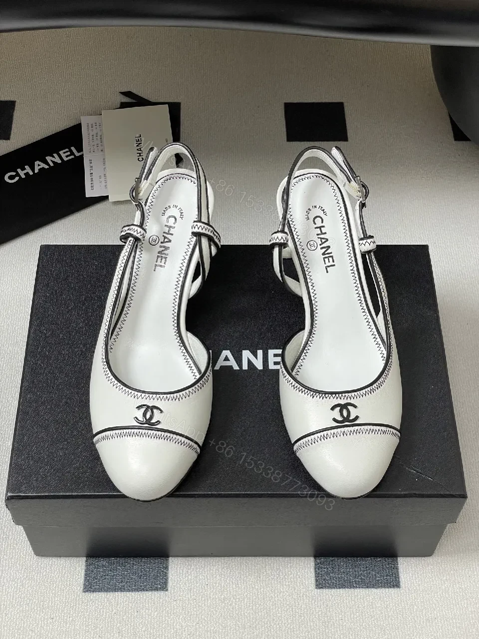 View 8 of White Leather Slingback Kitten Heels with Contrast Stitch