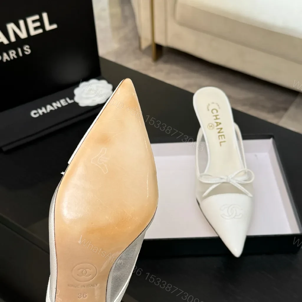 View 9 of White Leather Slingback Heels with Satin Mesh Inset, Pointed Toe, Kitten Heel