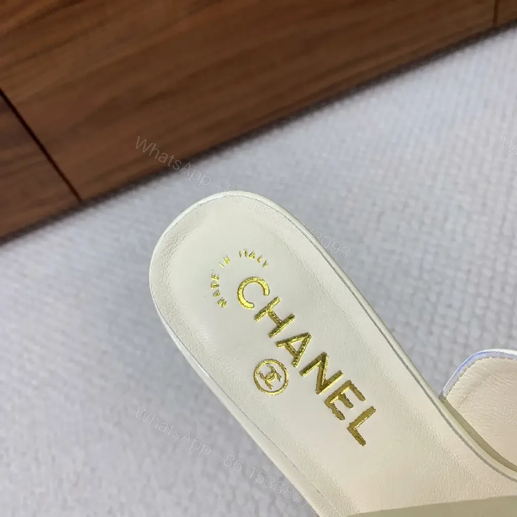 View 8 of Cream Leather Slide Sandals, Pearl White, Chanel Logo, Midsize Heel Mules