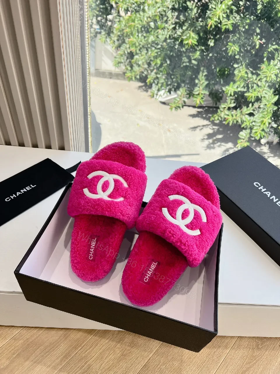 View 2 of Vibrant Plush Slides - Hot Pink, Plush, Open-Back Comfort