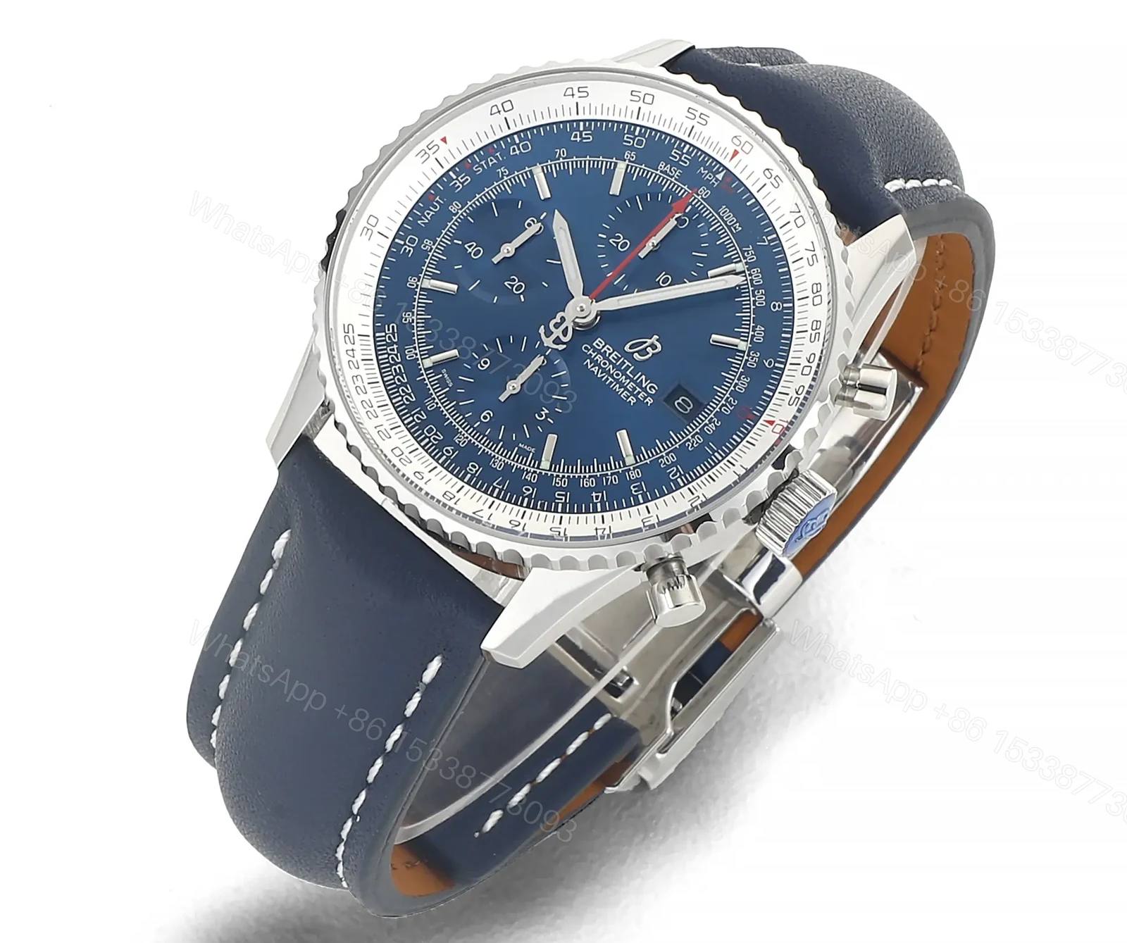 View 2 of GF Factory Breitling Navitimer B01 Chronograph 43mm Blue Dial Stainless Steel Leather Strap Watch