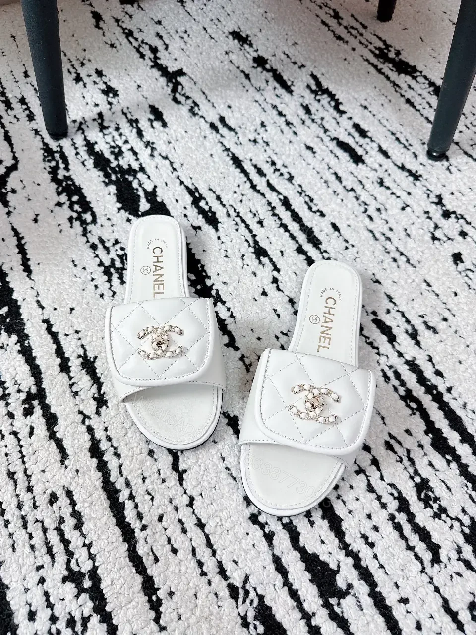 View 9 of White Leather Quilted Slides with Crystal Accent — All-Day Comfort
