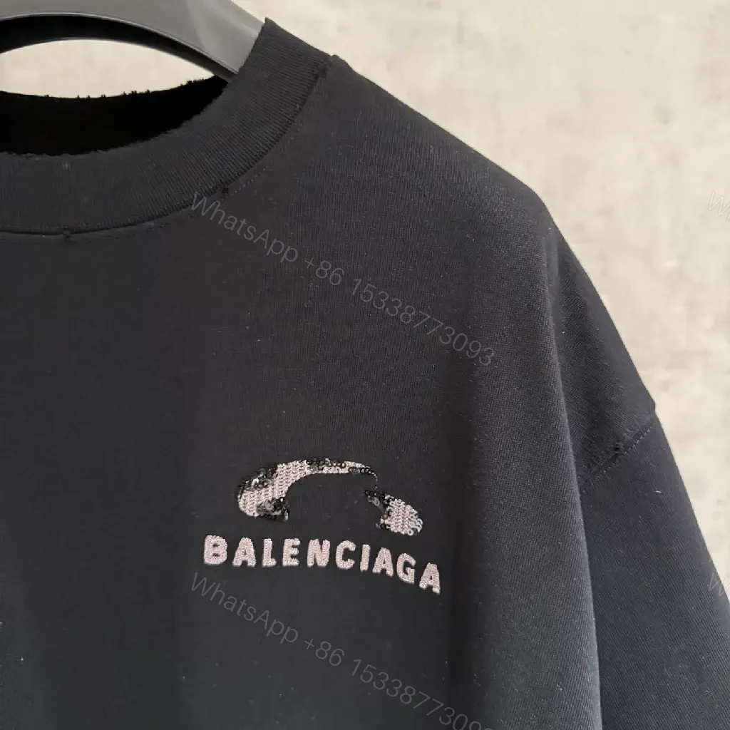 View 9 of Black Cotton Tee - Oversized Relaxed Fit with Embroidered Logo