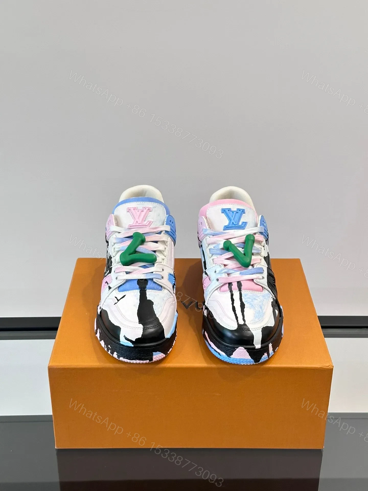 View 2 of LV Men White Pink Blue Leather Sneakers